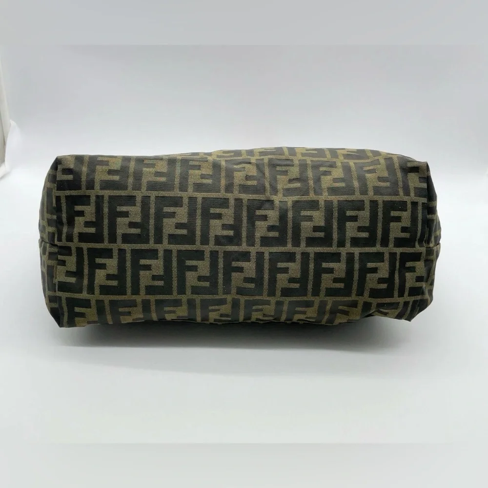 Authentic Fendi Zucca Nylon Leather Khaki Tote Bag W/Pouch